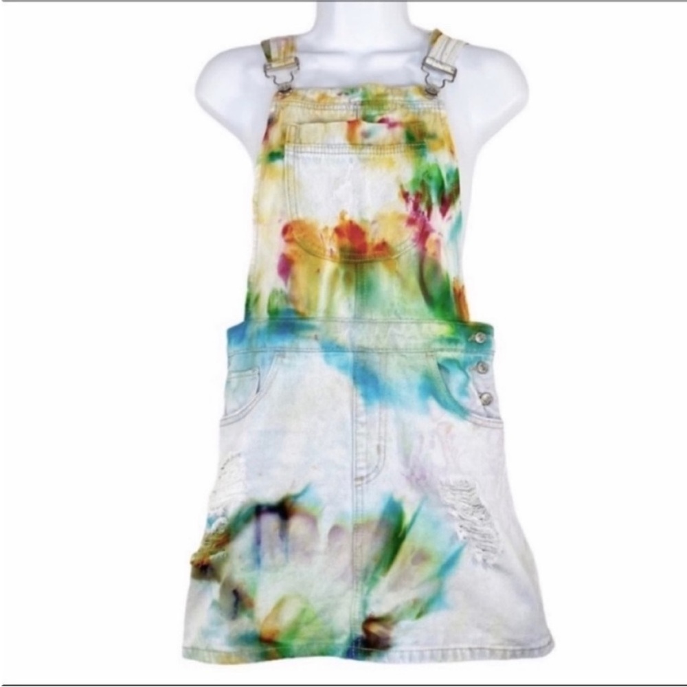 FOREVER 21 Distressed Tie Dye Denim Overalls Mini Skirt S